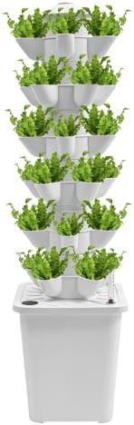White vertical garden tower with water pump